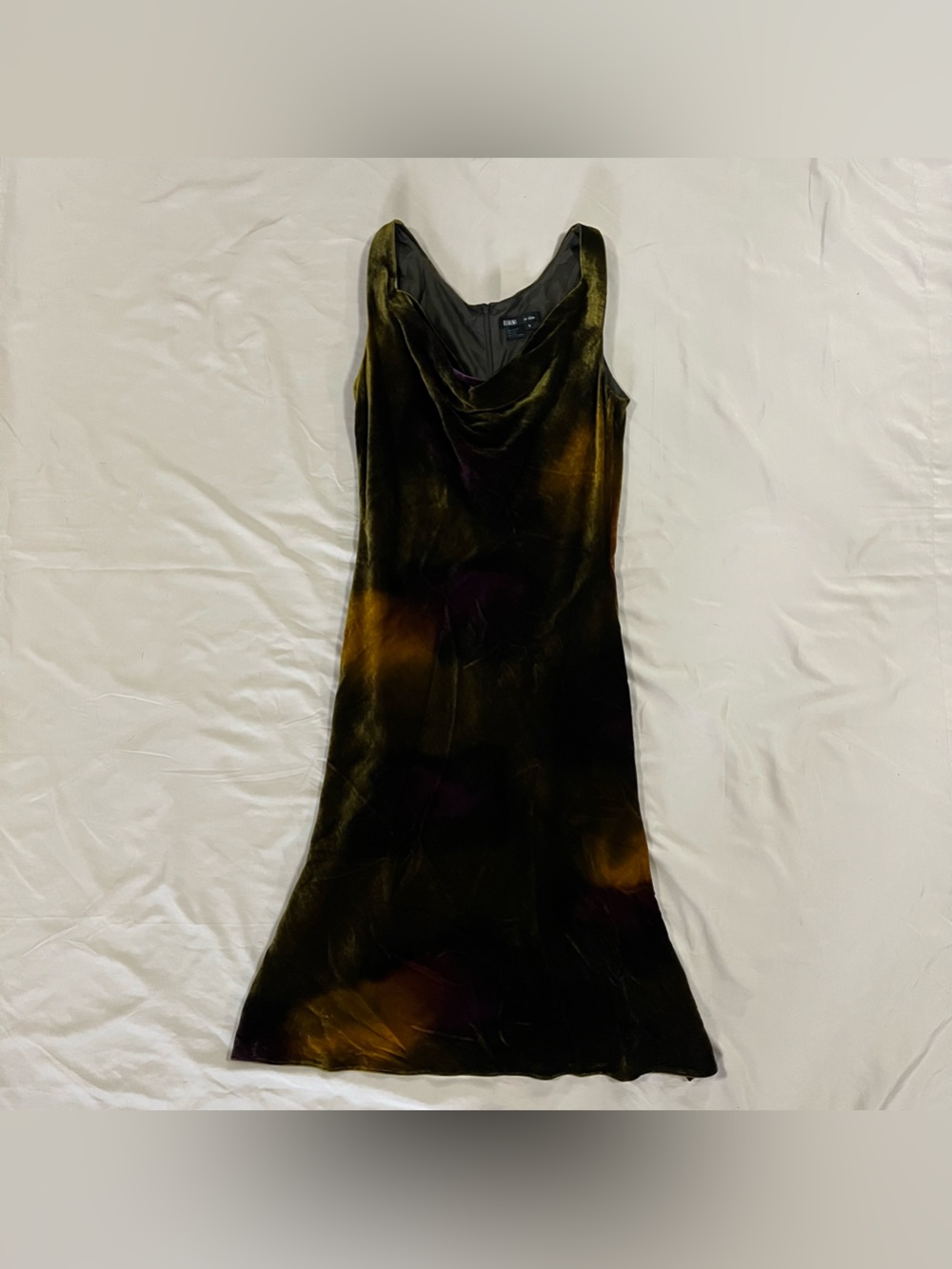 Vintage 90s Rimini by Shaw Velvet Cowl Neck Midi Dress Olive Gold Size 6